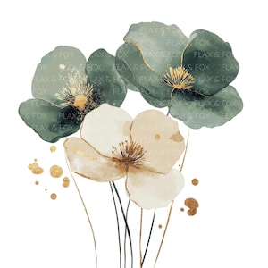 15 flores abstractas clipart l acuarela verde lámina dorada floral l JPG descarga digital l clipart de acuarela imprimible