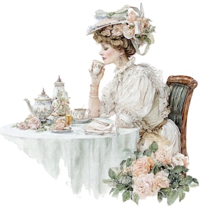 May include: A watercolour illustration of a woman in a white dress and hat, enjoying tea. A table is set with a teapot, teacups, and roses. The woman sits in a wooden chair with a green cushion, creating a vintage scene.