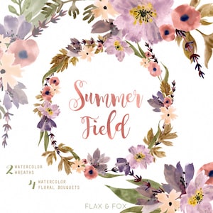 Summer Field Bouquets acquerello, corona clipart dipinta a mano, invito di nozze floreale, biglietto di auguri, clip art diy, fiori