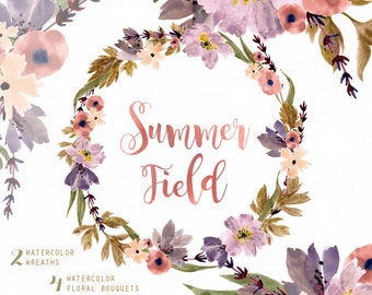 Summer Field Watercolor Bouquets, Wreath hand painted clipart, floral wedding invite, greeting card, diy clip art, flowers