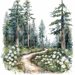 10 Forest Trail Clipart l Wildflowers Nature Landscape l JPG Digital Download l Printable Watercolor Clipart l Junk Journal l Paper Craft