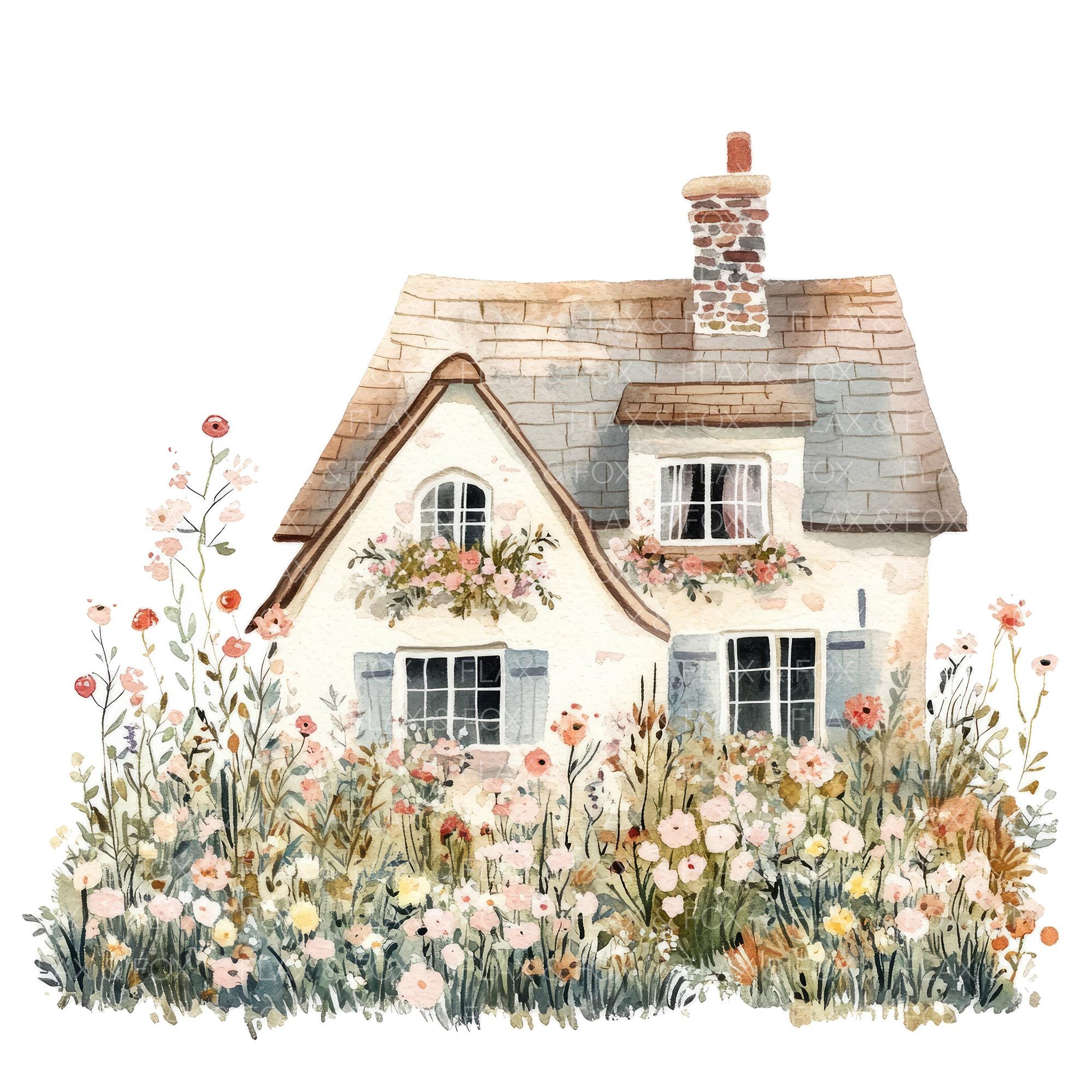 12 Floral Cottage Clipart l Shabby Chic House Art l JPG Digital Download l Printable Watercolor Clipart l Junk Journal l Paper Craft