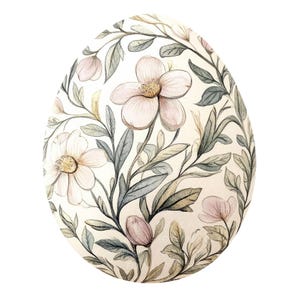 May include: A watercolor illustration of an Easter egg decorated with a floral pattern. The egg is white with pink and green flowers and leaves.
