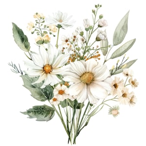 10 Clipart bouquet de fleurs sauvages blanches l Fleurs de marguerite l Téléchargement numérique JPG l Clipart aquarelle imprimable l Journal indésirable l Créations artisanales en papier