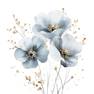 May include: A watercolour painting of a bouquet of blue flowers with gold accents. The flowers are arranged in a loose, natural style, and the background is white.