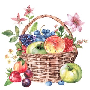 10 Obstkorb Clipart l Obst Blumen Blätter l JPG Digital Download l Printable Aquarell Clipart l Junk Journal l Papiermodell