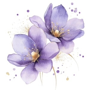 16 Flores Abstratas Clipart l Papoula Roxa Aquarela Folha Dourada Floral l Download Digital JPG l Clipart Aquarela Imprimível