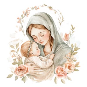 23 Maagd Maria met baby Jezus Clipart l Religieus ontwerp l JPG digitale download l Afdrukbare aquarel clipart l Junk Journal l Paper Craft