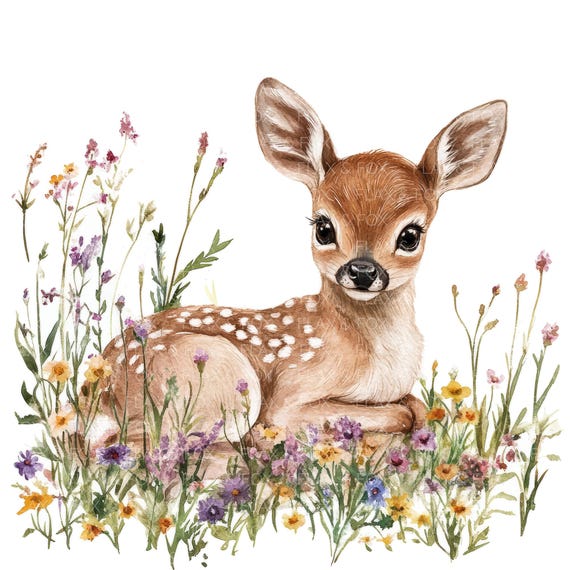 14 種類の花柄の子鹿の赤ちゃんのクリップアート l かわいい小さな鹿 l