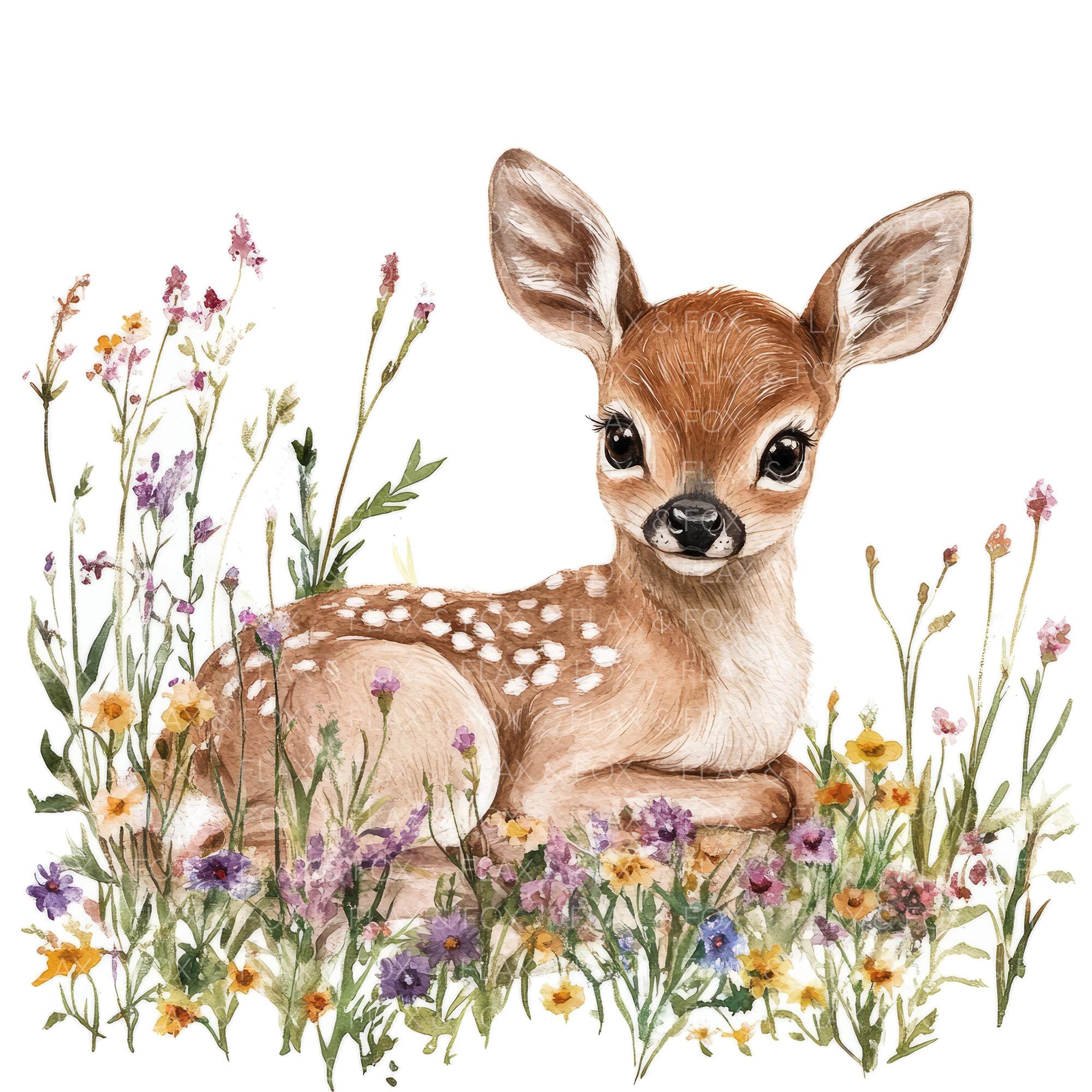 14 種類の花柄の子鹿の赤ちゃんのクリップアート l かわいい小さな鹿 l