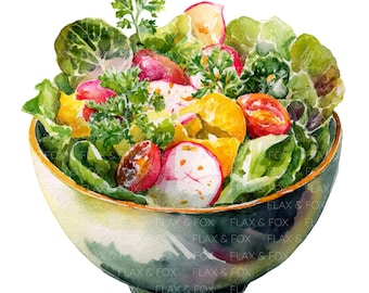 19 Salad Bowl Clipart l Kitchen Food l JPG Digital Download l Printable Watercolor Clipart