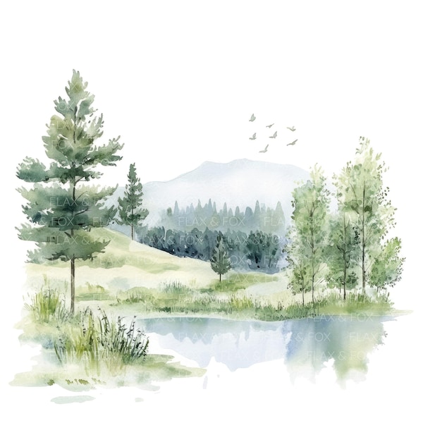 15 Landscape Clipart l Valley Forest l JPG Digital Download l Printable Watercolor Clipart l Junk Journal l Paper Craft