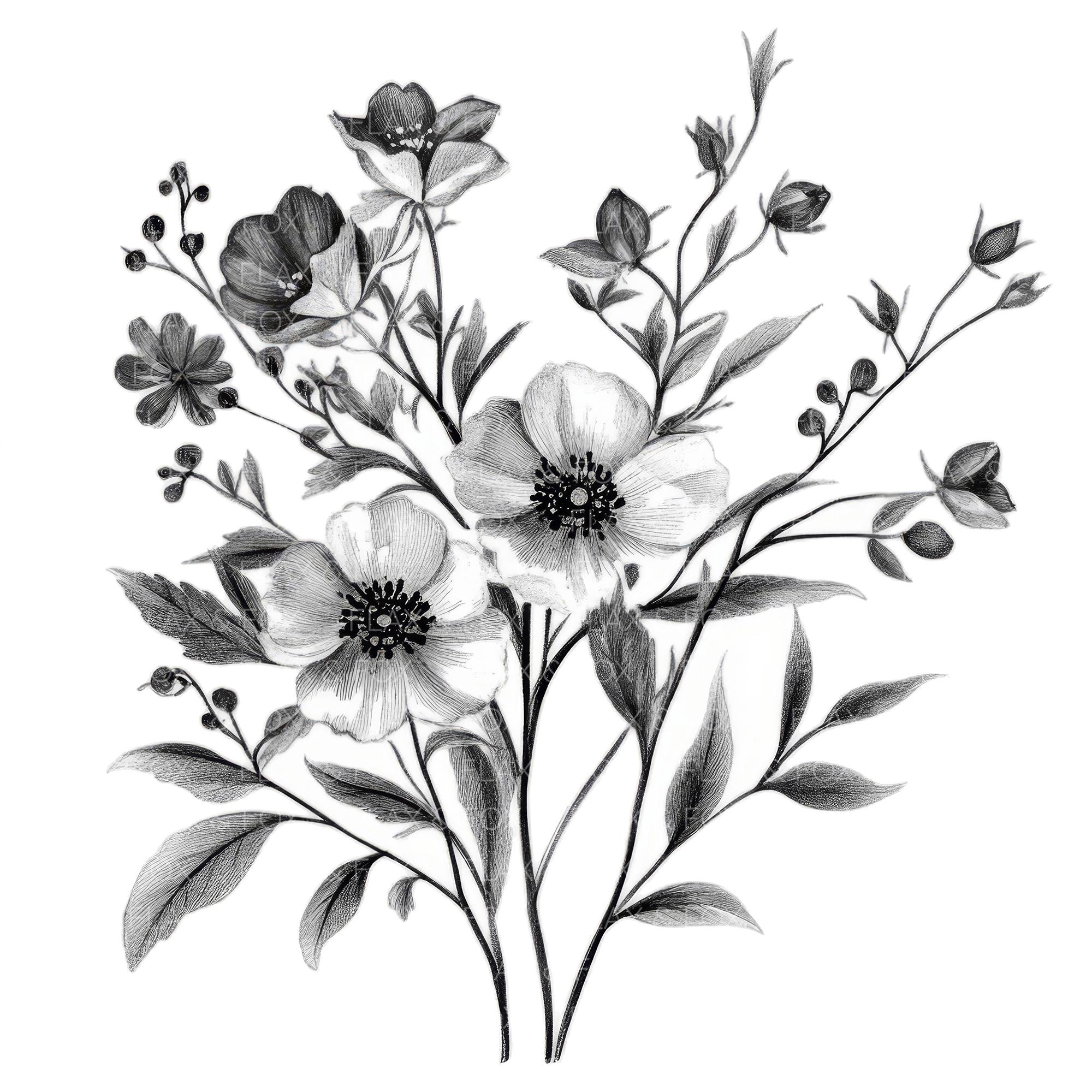 22 Black Ink Flowers Clipart L Chinoiserie Black Floral L JPG