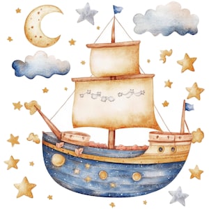 14 kwekerij schip clipart l schip in de wolken l jpg digitale download l afdrukbare aquarel clipart l junk Journal l papier ambachtelijke