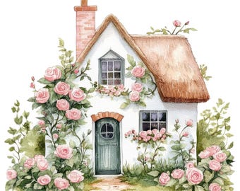 12 Rose Cottage Clipart l Shabby Chic House Art l JPG Digital Download l Printable Watercolor Clipart l Junk Journal l Paper Craft