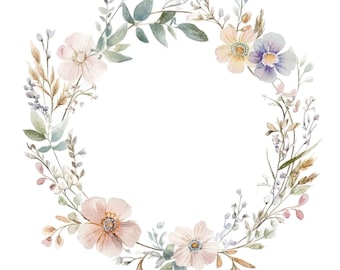 12 Pastel Wildflowers Wreath Clipart l Summer Meadow Decor l JPG Digital Download l Printable Watercolor Clipart