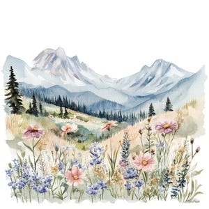 22 Berge Wildblumen Landschaft Clipart l Tal l JPG Digital Download l Printable Aquarell Clipart l Junk Journal l Papiermodell