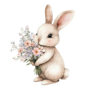 12 konijntje met bloemen Clipart l schattig konijntje l JPG digitale download l Afdrukbare aquarel clipart l Junk Journal l Paper Craft