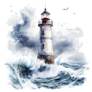 16 Vuurtoren In Storm Clipart l Aquarel l JPG digitale download l Afdrukbare aquarel Clipart l Junk Journal l Paper Craft