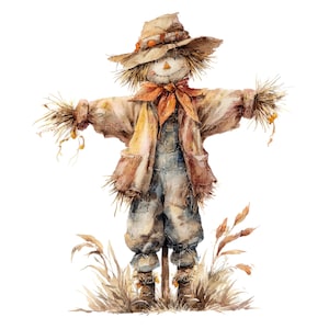 Könnte beinhalten: Aquarellillustration einer freundlichen Vogelscheuche. Die Vogelscheuche trägt einen Strohhut, eine beige Jacke und eine Jeans-Latzhose. Sie hat ein aufgenähtes Lächeln und einen orangefarbenen Schal. Die Arme sind aus Stroh, und sie steht in einem Feld mit hohem Gras.