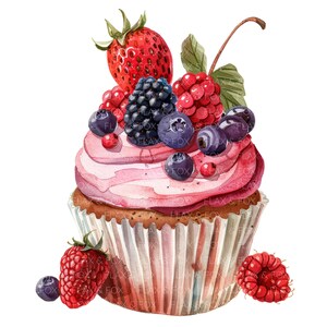 10 Cupcake Clipart l Postre de bayas l Descarga digital JPG l Clipart de acuarela imprimible l Diario basura l Manualidades de papel