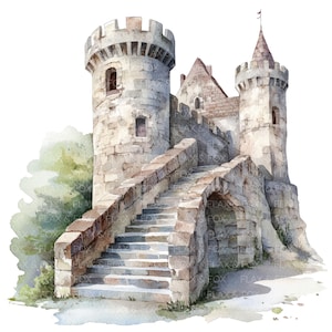 May include: Watercolor illustration of a stone castle with two round towers and a pointed tower. A stone staircase leads up to the castle entrance. The castle is painted in shades of gray and brown, with a touch of green foliage.
