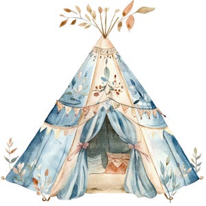 Puede incluir: Una tienda de campaña tipi azul y beige con un patrón floral y una guirnalda de borlas marrones y blancas. La tipi tiene una solapa abierta para revelar una almohada marrón y blanca en el interior.