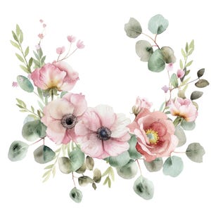 10 Anemone rosa Bouquet Clipart l Fiori pastello Foglie di eucalipto Acquerello floreale l JPG Download digitale l Clipart acquerello stampabile