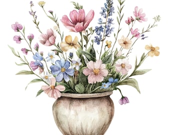 Puede incluir: Un ramo de flores silvestres rosas, azules y amarillas en un jarrón de cerámica marrón. Las flores están dispuestas en un estilo suelto y natural.