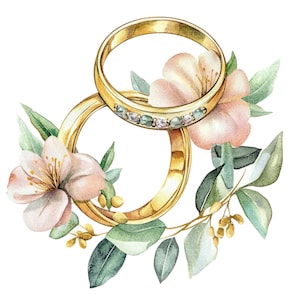 May include: Two gold wedding bands with sparkling gemstones, intertwined with delicate pink flowers and green leaves.