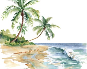 May include: Watercolor painting of a tropical beach scene with two palm trees and a blue ocean with white waves.