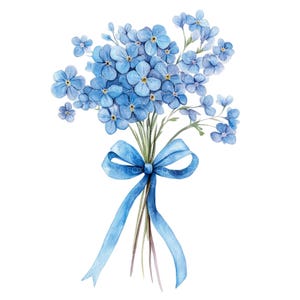 10 Non ti scordar di me Bouquet con fiocco blu Clipart l Fiori blu l JPG Download digitale l Clipart acquerello stampabile