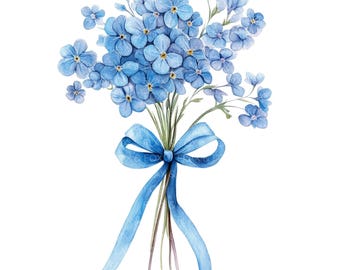 May include: A bouquet of blue forget-me-not flowers tied together with a blue ribbon.