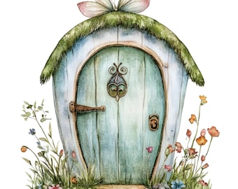 May include: Watercolor illustration of a whimsical fairy house with a light blue door, a green thatched roof, and a butterfly perched on top. The door has a decorative handle and knocker. Colorful flowers and grass surround the base.