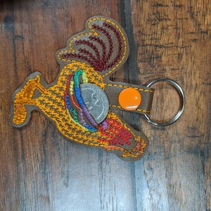 Aldi quarter keepers, keychains, 25 cent, quarter, gift, quarter holder, zipper pull, chicken, rooster Brown w/rainbow wing