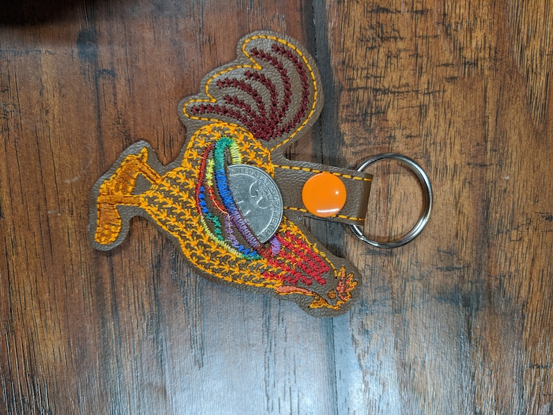 Aldi quarter keepers, keychains, 25 cent, quarter, gift, quarter holder, zipper pull, chicken, rooster Brown w/rainbow wing
