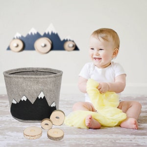 Wall Hook For Kids 4 Mountain Peaks Felt Bag Wall Hook Unique Toy Wooden stacker Best Baby Gift Nursery Decor Adventure decor Three In One image 3