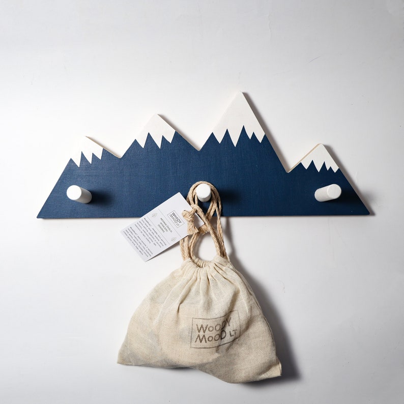 Wall Hook For Kids 4 Mountain Peaks Felt Bag Wall Hook Unique Toy Wooden stacker Best Baby Gift Nursery Decor Adventure decor Three In One image 7
