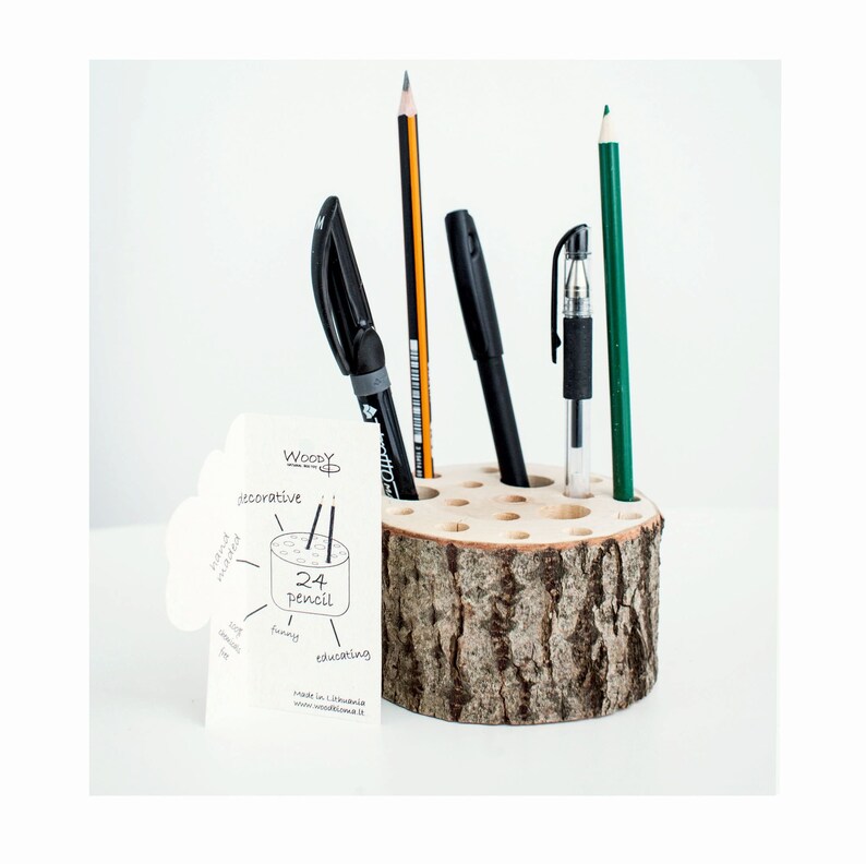 Rustic wood CE certified pen holder with different holes, Wooden rustic desk organizer image 4