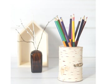 Birch wood pen pot, Rustic desk decor, Wooden office organizer, Pencil pen, Paintbrush storage, Wooden toddler gift, Teacher gift