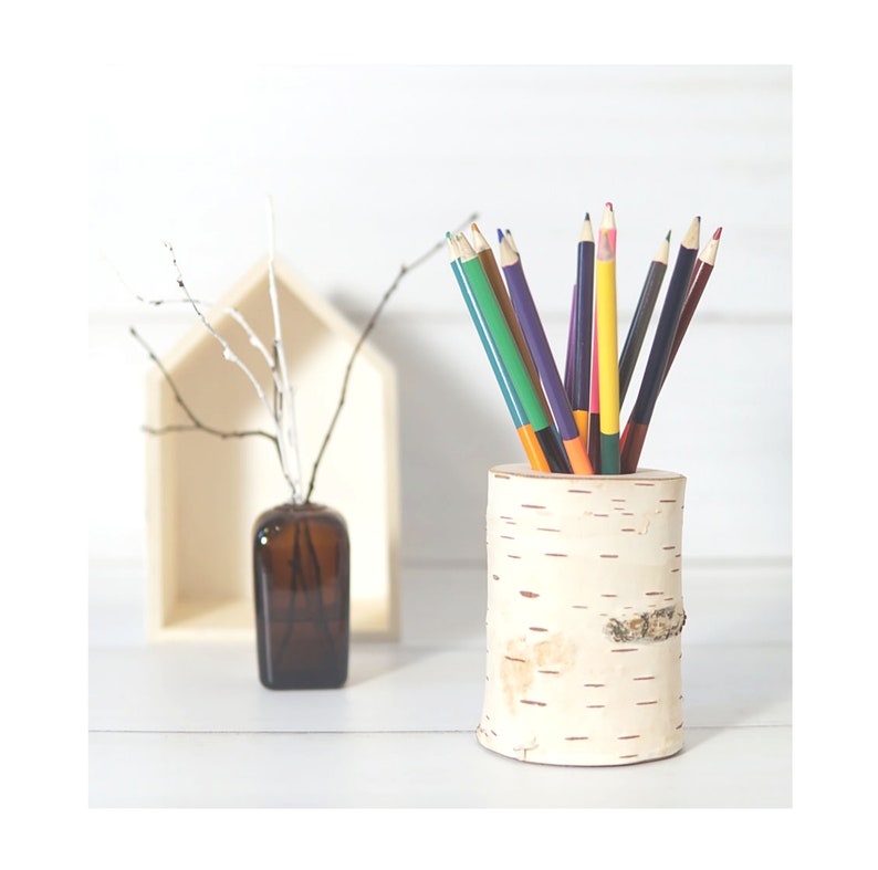 Birch wood pen pot, Rustic desk decor, Wooden office organizer, Pencil pen, Paintbrush storage, Wooden toddler gift, Teacher gift image 1