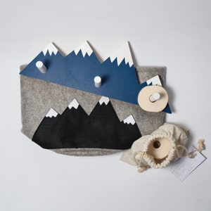 Wall Hook For Kids 4 Mountain Peaks Felt Bag Wall Hook Unique Toy Wooden stacker Best Baby Gift Nursery Decor Adventure decor Three In One image 1