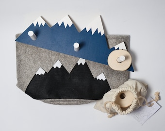 Mountain Wall Hook & Felt Bag: Wooden Toy, Nursery Decor
