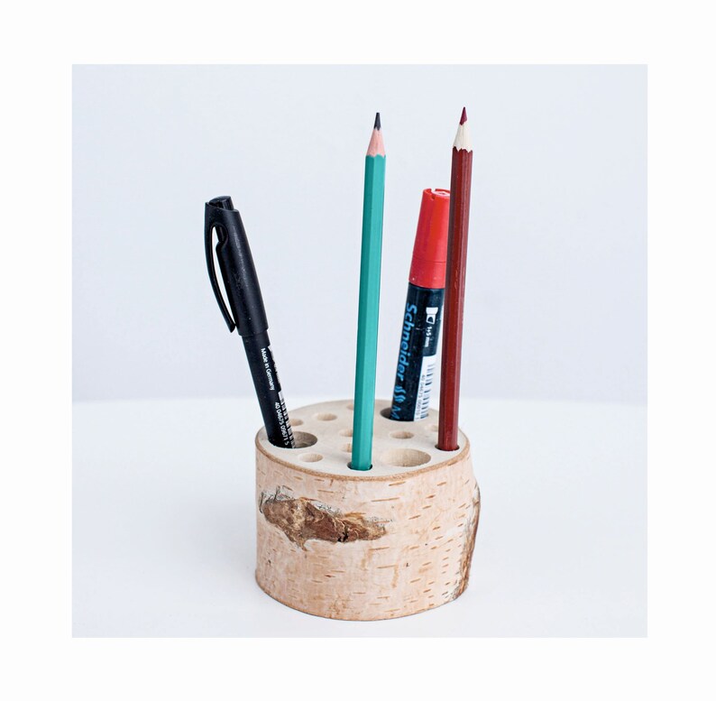 Rustic wood CE certified pen holder with different holes, Wooden rustic desk organizer image 2