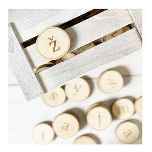 Wooden Montessori alphabet discs; Lowercase Lithuanian letters; Letters for toddlers and preschoolers; Educational wooden alphabet