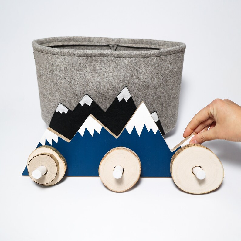 Wall Hook For Kids 4 Mountain Peaks Felt Bag Wall Hook Unique Toy Wooden stacker Best Baby Gift Nursery Decor Adventure decor Three In One image 2