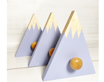 Purple Mountain Wall Hooks: Scandinavian Wood Nursery Decor, Set of 3