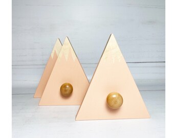 Peach Mountain Wall Hooks: Scandinavian Wood Nursery Decor, Set of 3