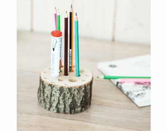 Rustic wood CE certified pen holder with different  holes, Wooden rustic desk organizer