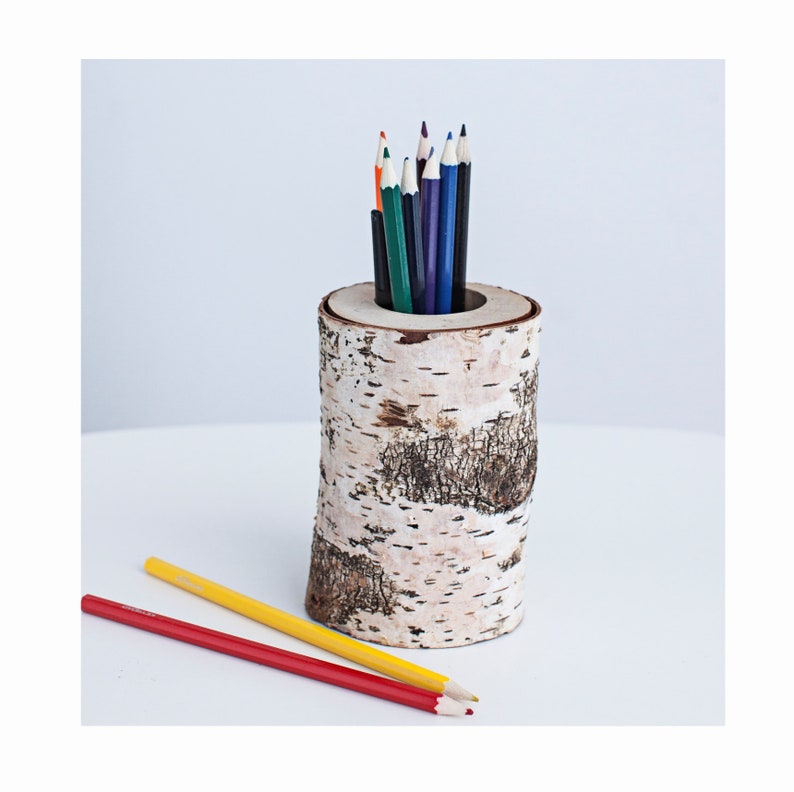 Birch wood pen pot, Rustic desk decor, Wooden office organizer, Pencil pen, Paintbrush storage, Wooden toddler gift, Teacher gift image 7